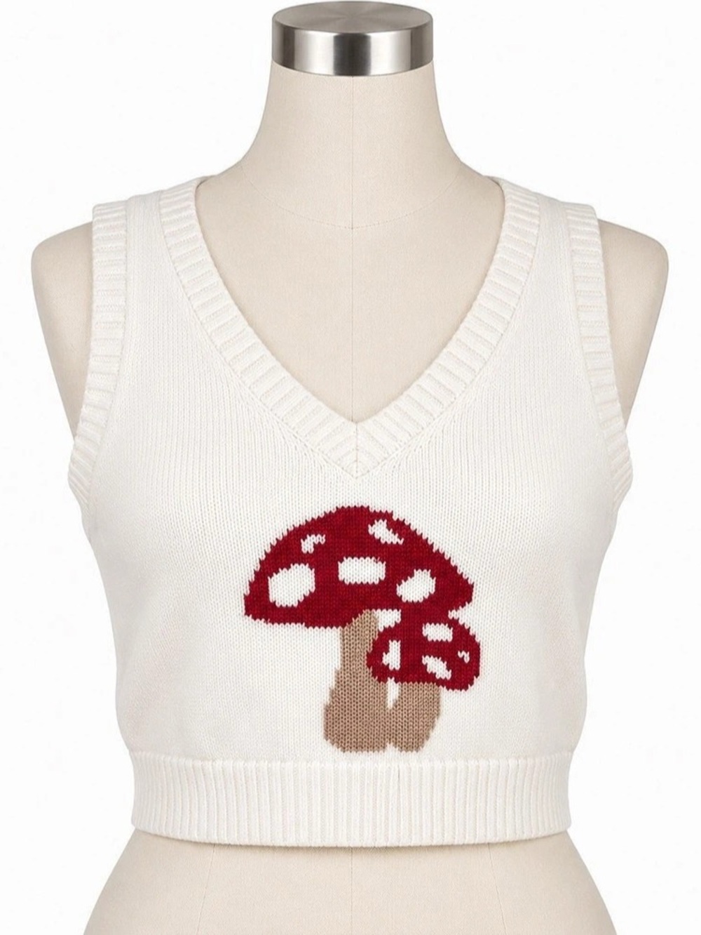 Hollister Women’s Small Mushroom Sweater Vest Ivory 100% Cotton V-Necklaces